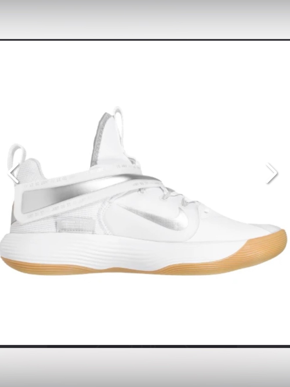 Nike React Hyperset white/metallic silver volleyball shoe, size 5.5